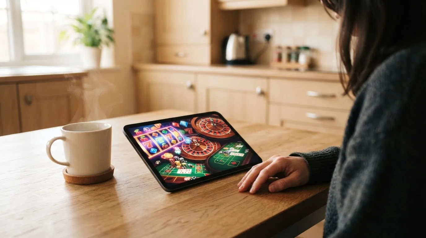 Een persoon bekijkt op een tablet een overzicht van casinospellen aan een keukentafel, met een kop koffie ernaast.