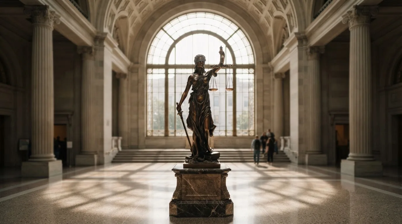 Een bronzen vrouwe Justitia met weegschaal staat voor een grote raampartij in een statig gerechtsgebouw, met zacht ochtendlicht.