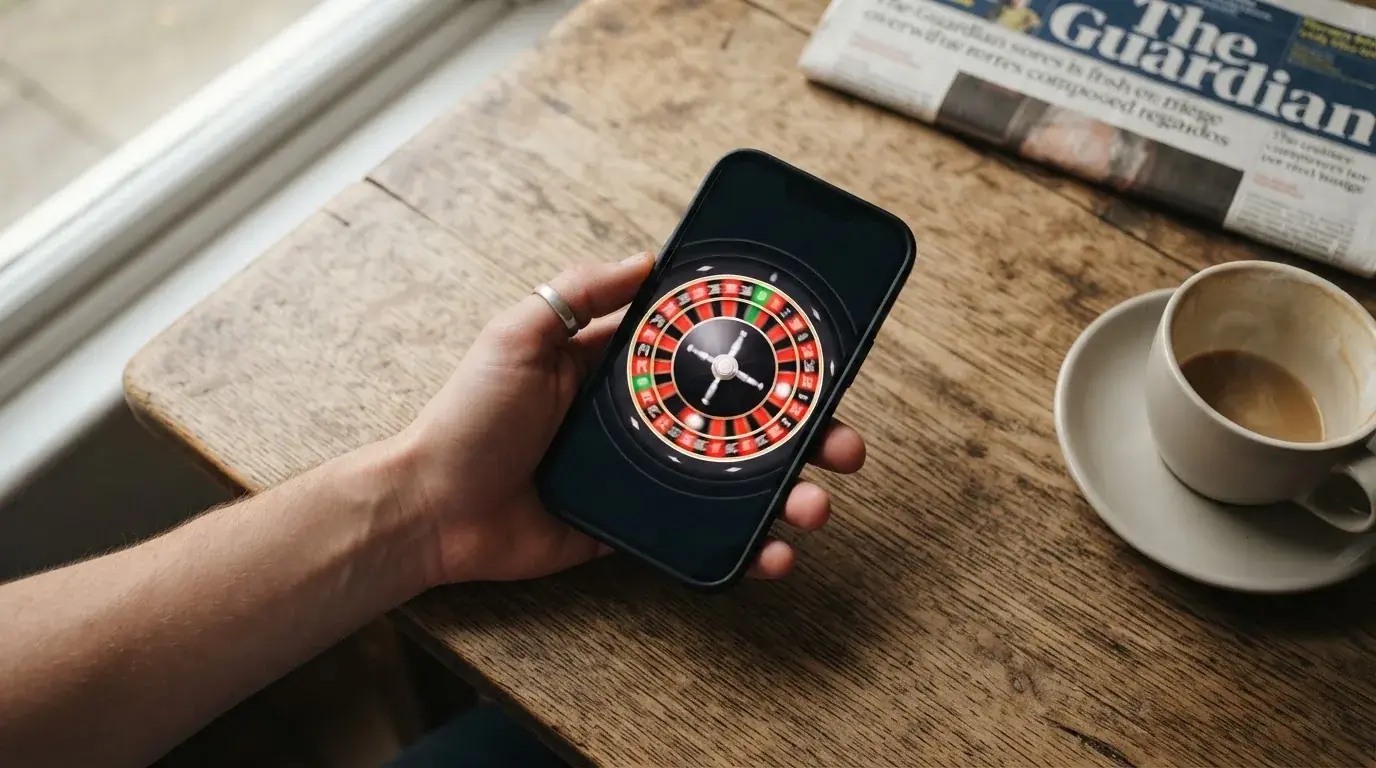 Een hand houdt een smartphone vast boven een houten tafel met een kopje koffie ernaast, in zacht daglicht.