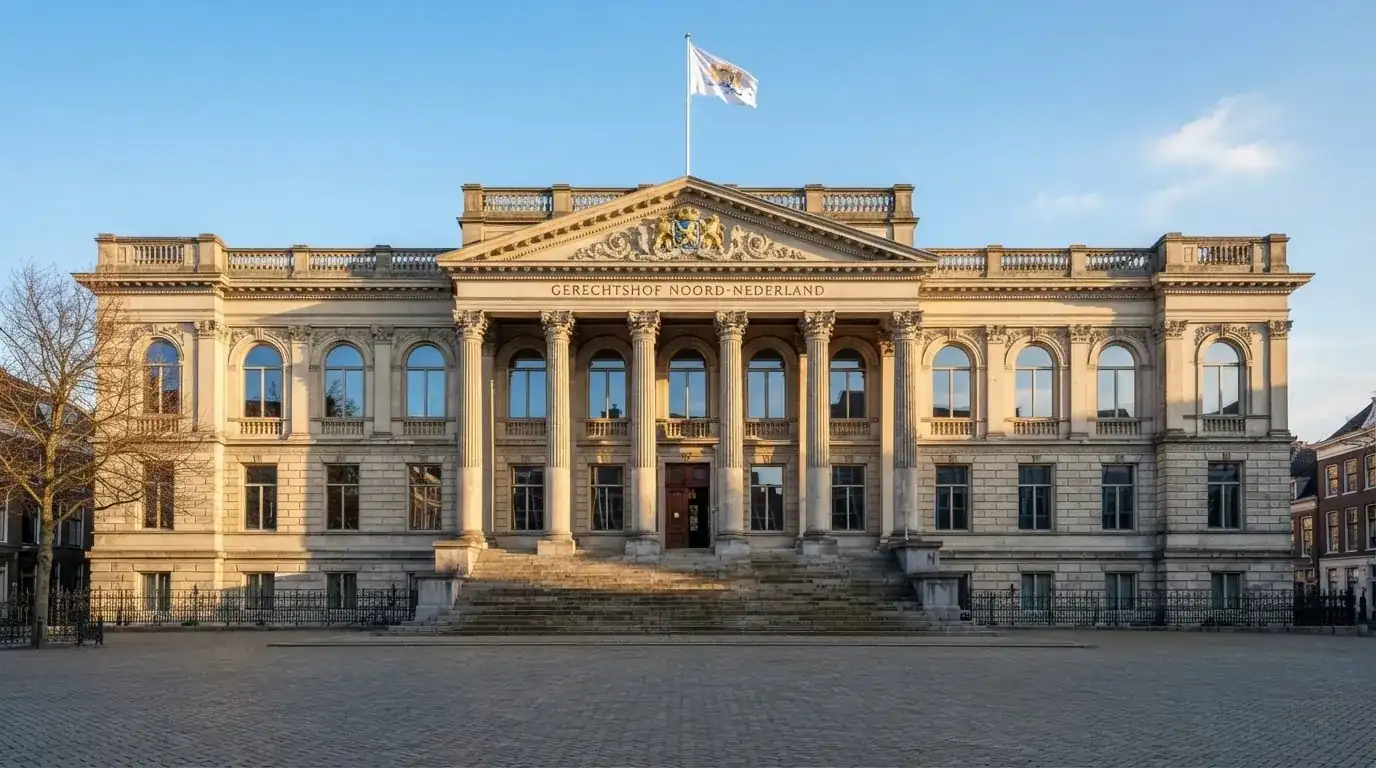 Een statig gerechtsgebouw met brede trappen en zuilen staat onder een heldere hemel in een Nederlandse stad.