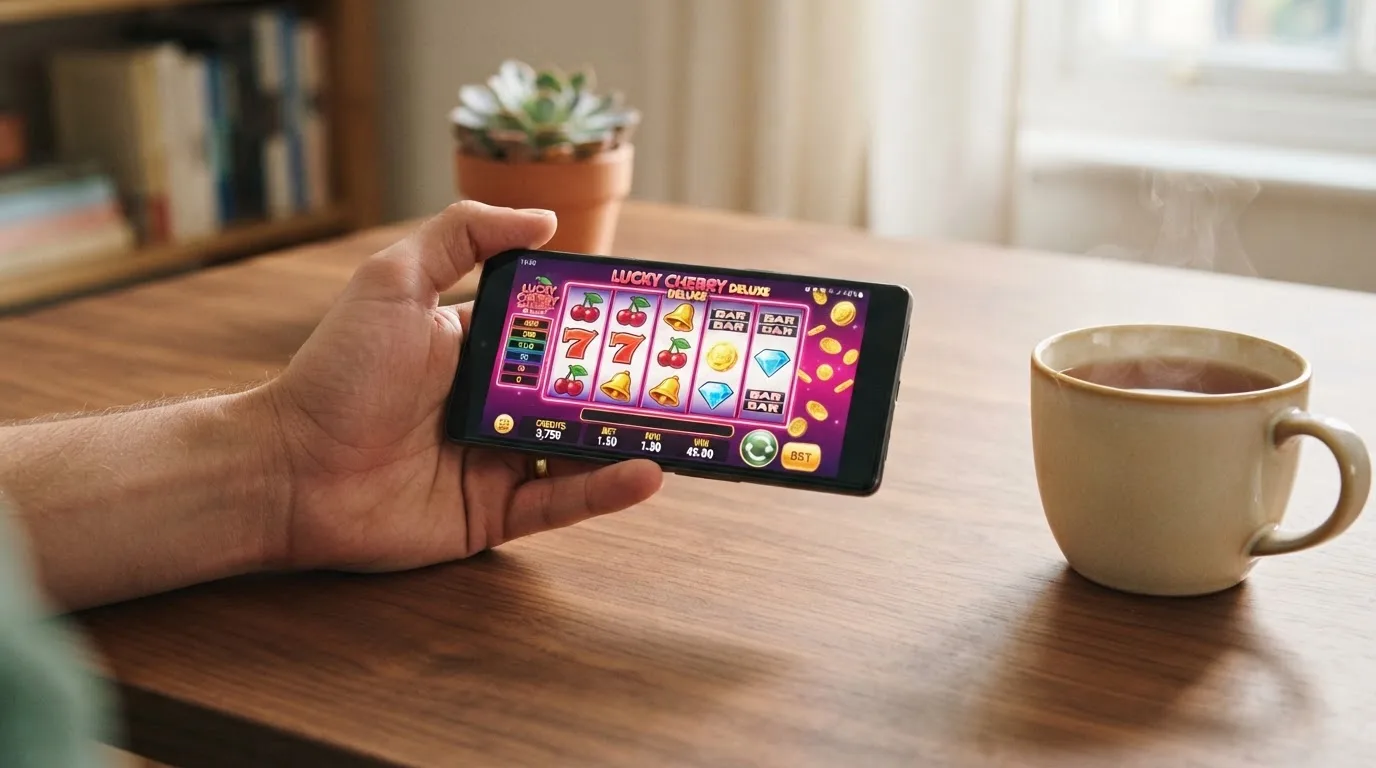 Een hand houdt een smartphone vast boven een houten tafel met een kopje thee ernaast, in zacht daglicht.