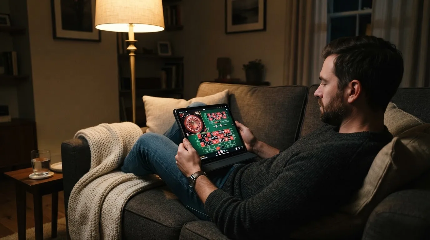 Een man bekijkt laat op de avond een tablet op de bank, verlicht door een staande lamp in een rustige woonkamer.