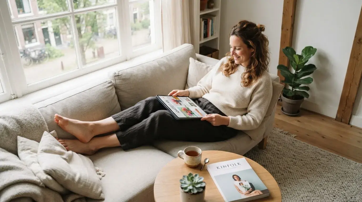 Een vrouw bekijkt ontspannen een tablet op de bank in een lichte woonkamer met een kop thee op de salontafel.