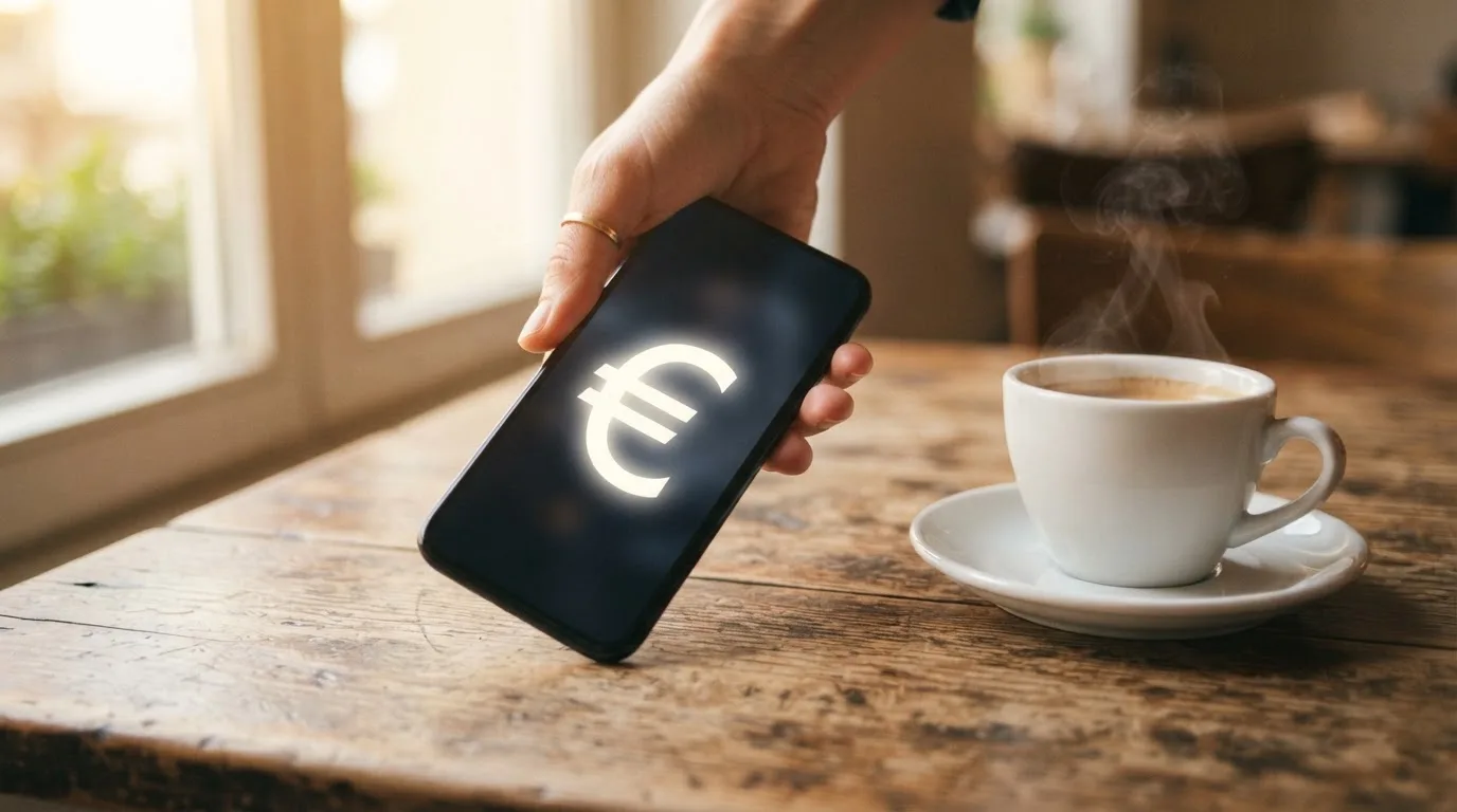 Een hand houdt een smartphone vast boven een houten tafel met een kopje koffie ernaast, in zacht daglicht.