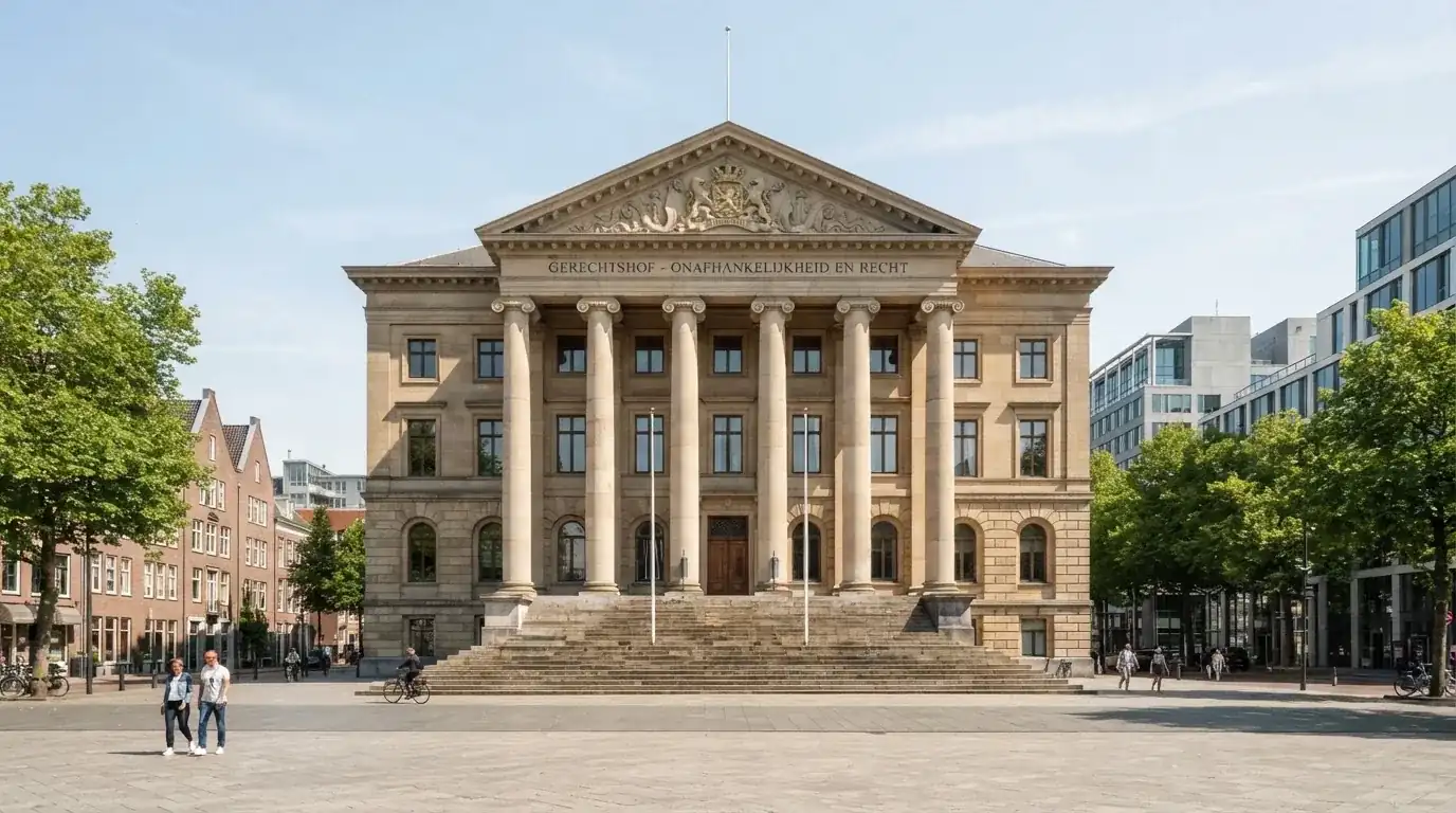 Een statig gerechtsgebouw met brede trappen en zuilen staat onder een heldere hemel in een Nederlandse stad.