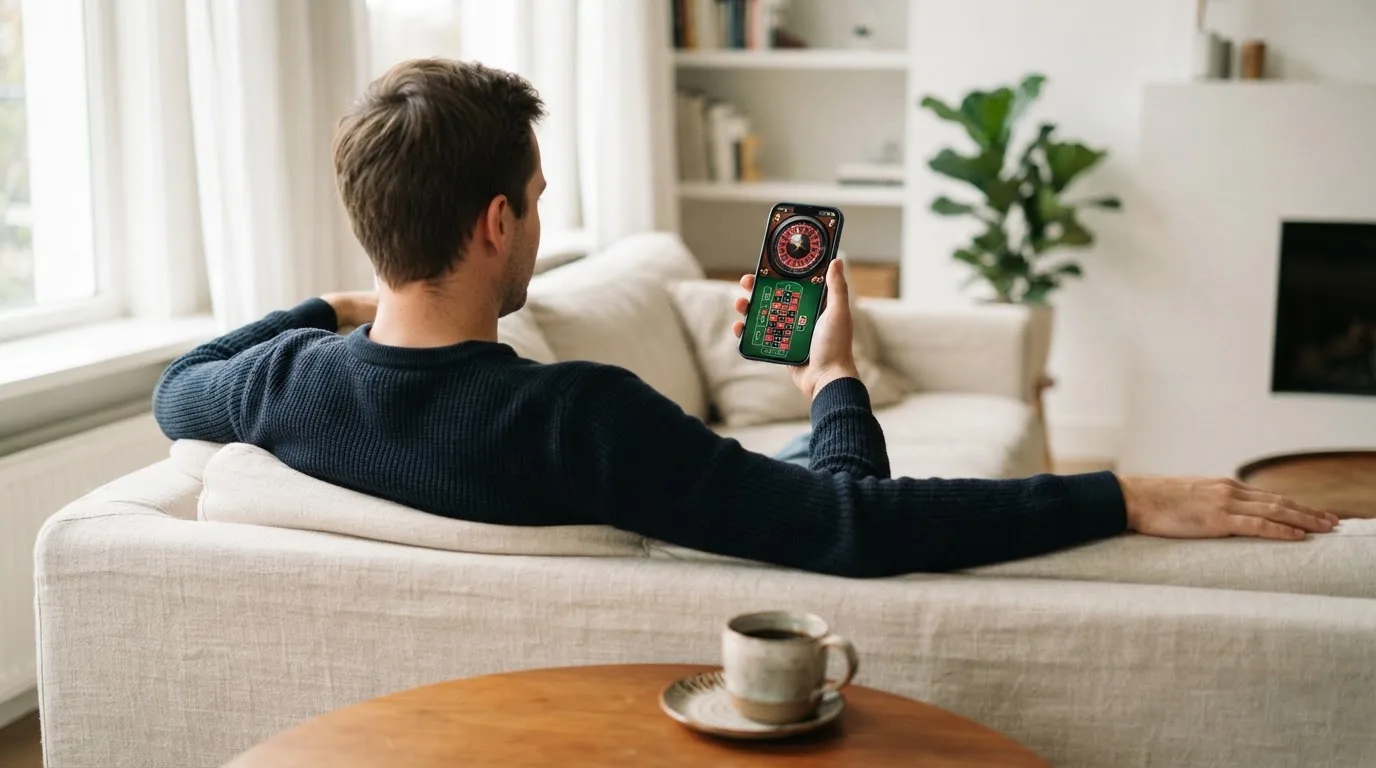Een man bekijkt ontspannen zijn telefoon op de bank in een lichte woonkamer met een kop koffie op de salontafel.