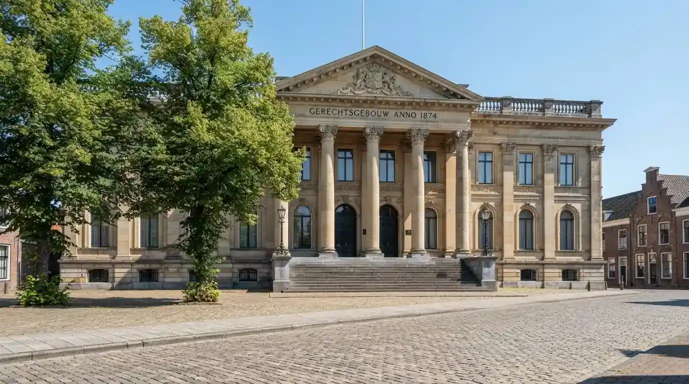 Een klassiek gerechtsgebouw met zuilen staat onder een blauwe lucht in een rustige Nederlandse stad.
