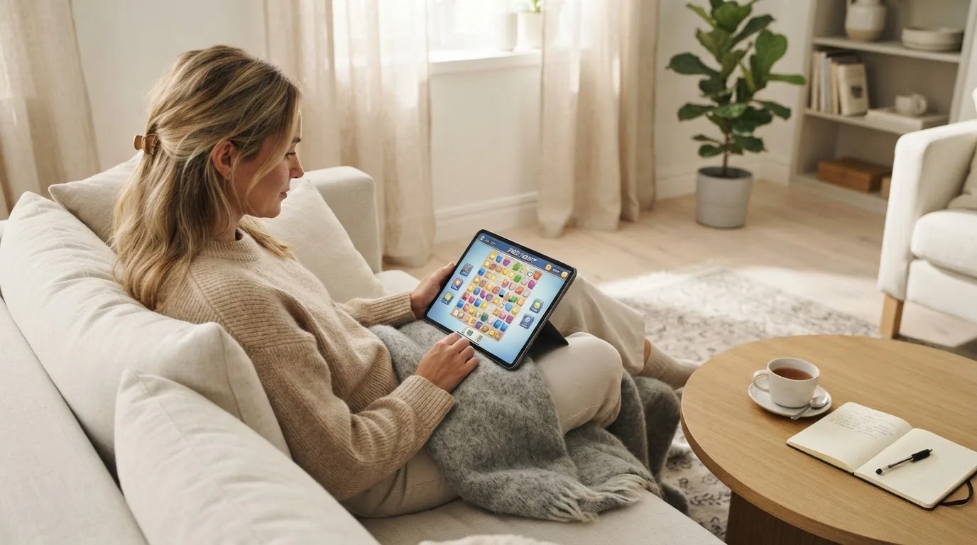 Een vrouw bekijkt ontspannen een tablet op de bank in een lichte woonkamer met een kop thee op de salontafel.