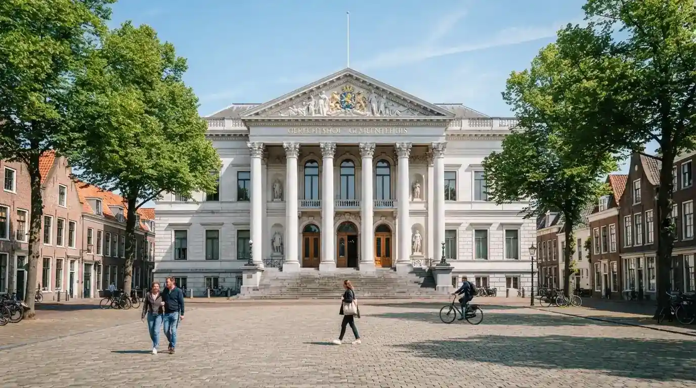 Een klassiek gerechtsgebouw met hoge zuilen staat onder een heldere hemel in een Nederlandse stad.