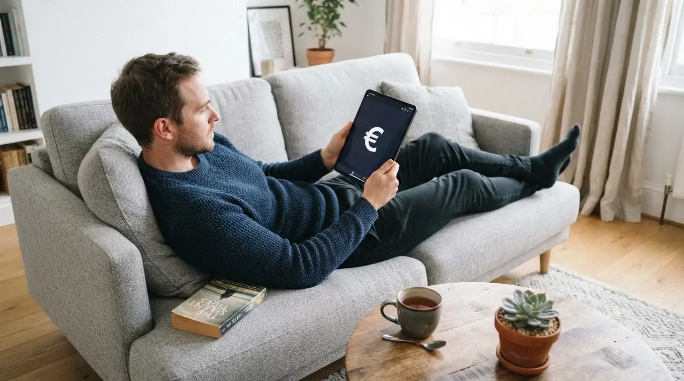 Een man bekijkt ontspannen een tablet op de bank in een lichte woonkamer met een kop thee op de salontafel.