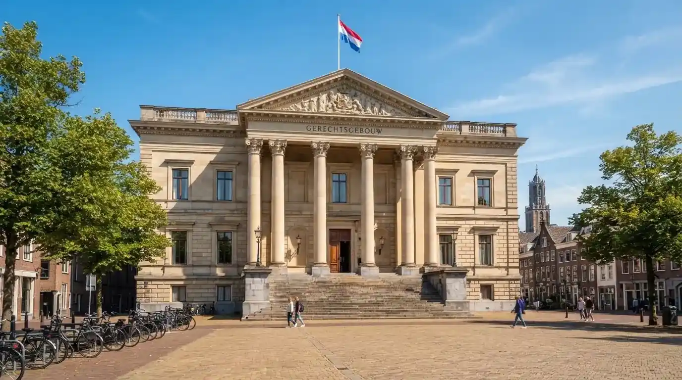 Een statig gerechtsgebouw met brede trappen en zuilen staat onder een blauwe hemel in een Nederlandse stad.