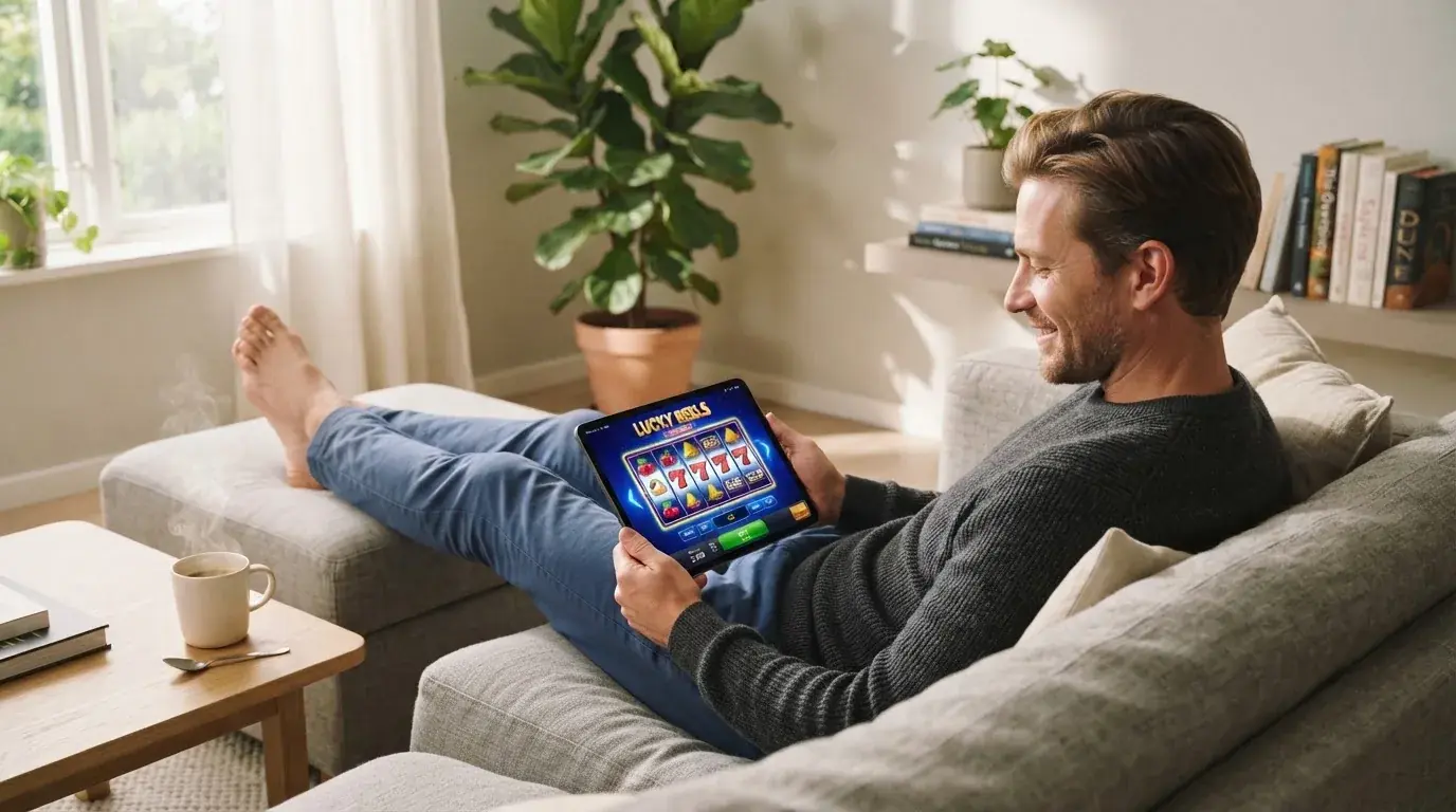 Een man bekijkt ontspannen een tablet op de bank in een lichte woonkamer met een kop koffie op de salontafel.