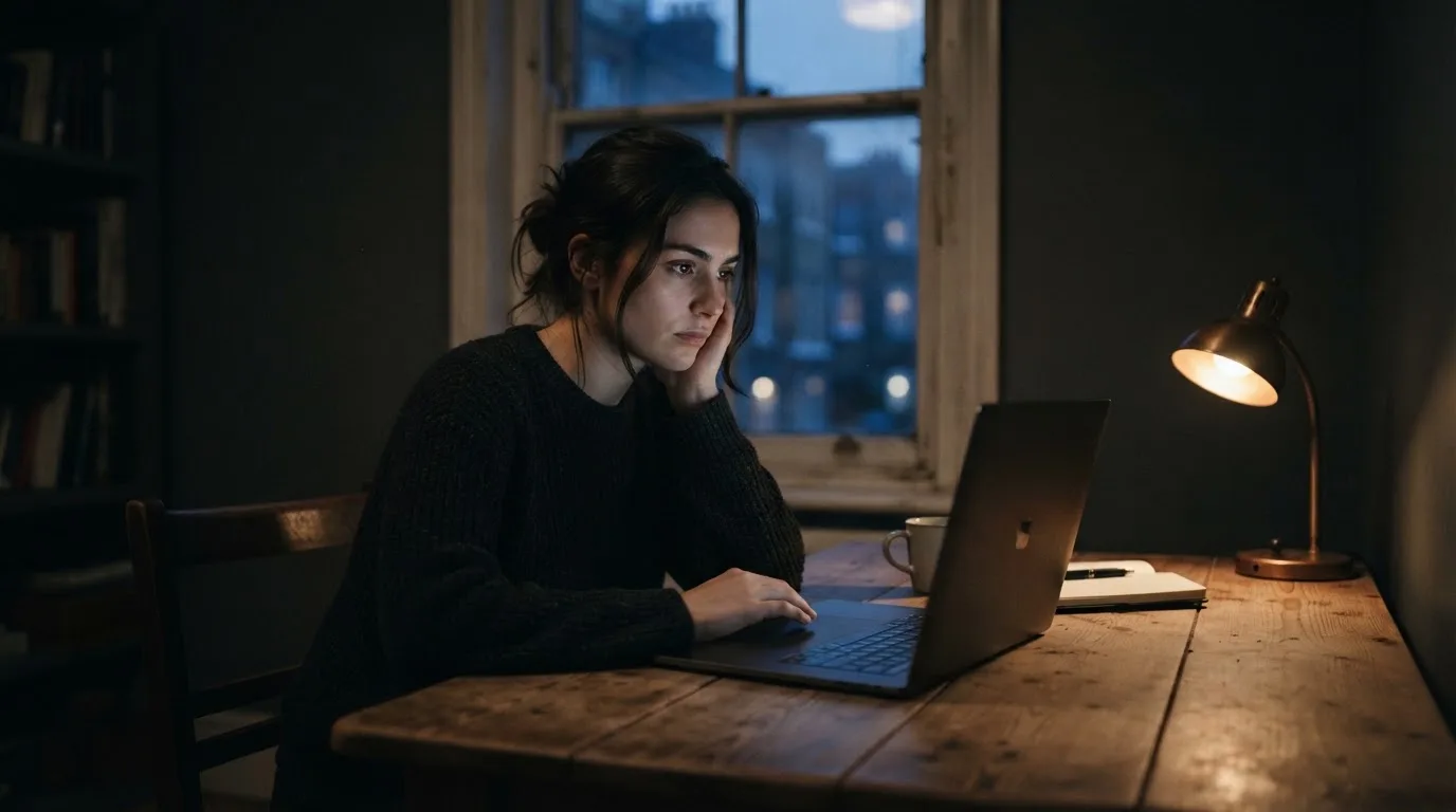 Een persoon zit alleen aan een bureau en kijkt peinzend naar een laptop met het scherm uit, in gedimd licht.