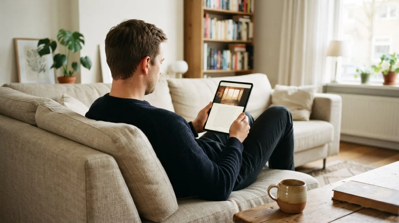 Een man bekijkt ontspannen een tablet op de bank in een lichte woonkamer met een kop koffie op de salontafel.