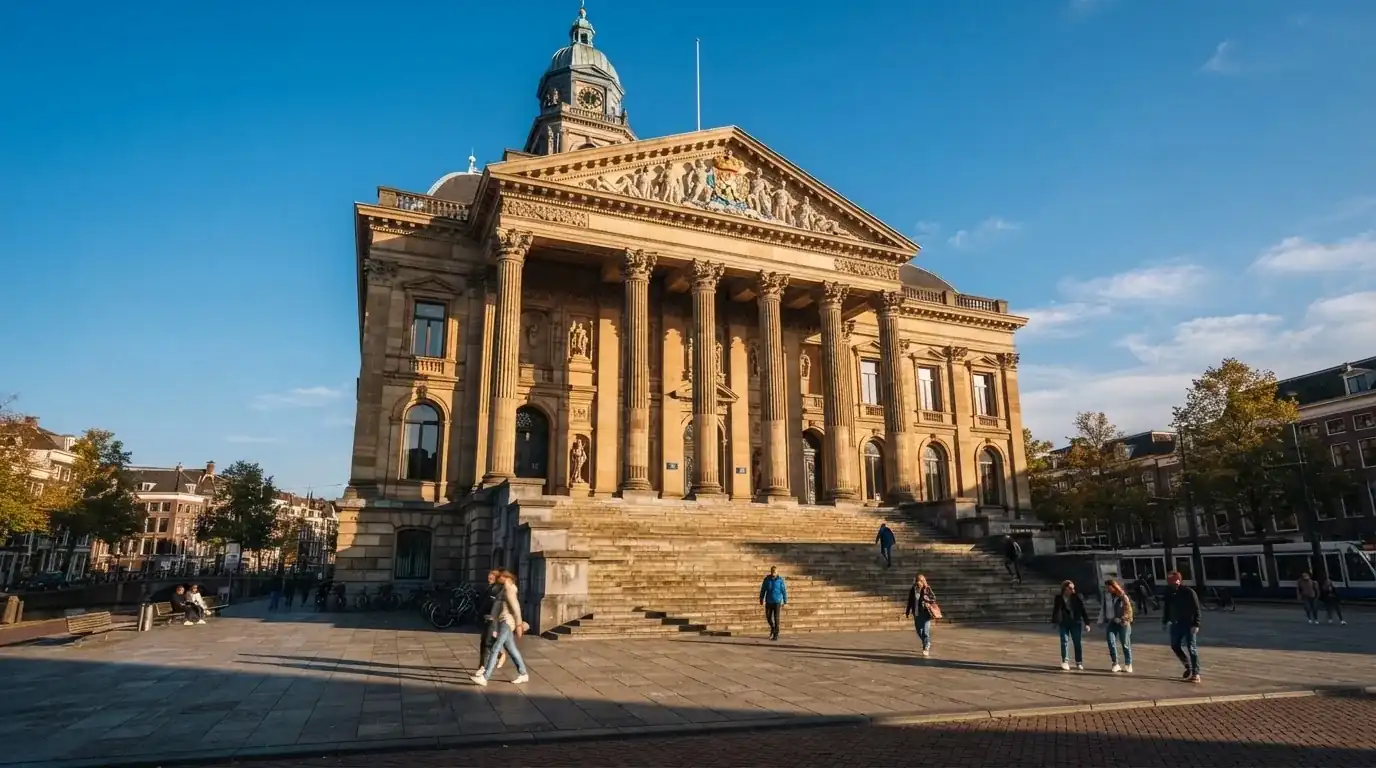 Een klassiek gerechtsgebouw met hoge zuilen staat onder een heldere hemel in een Nederlandse stad.