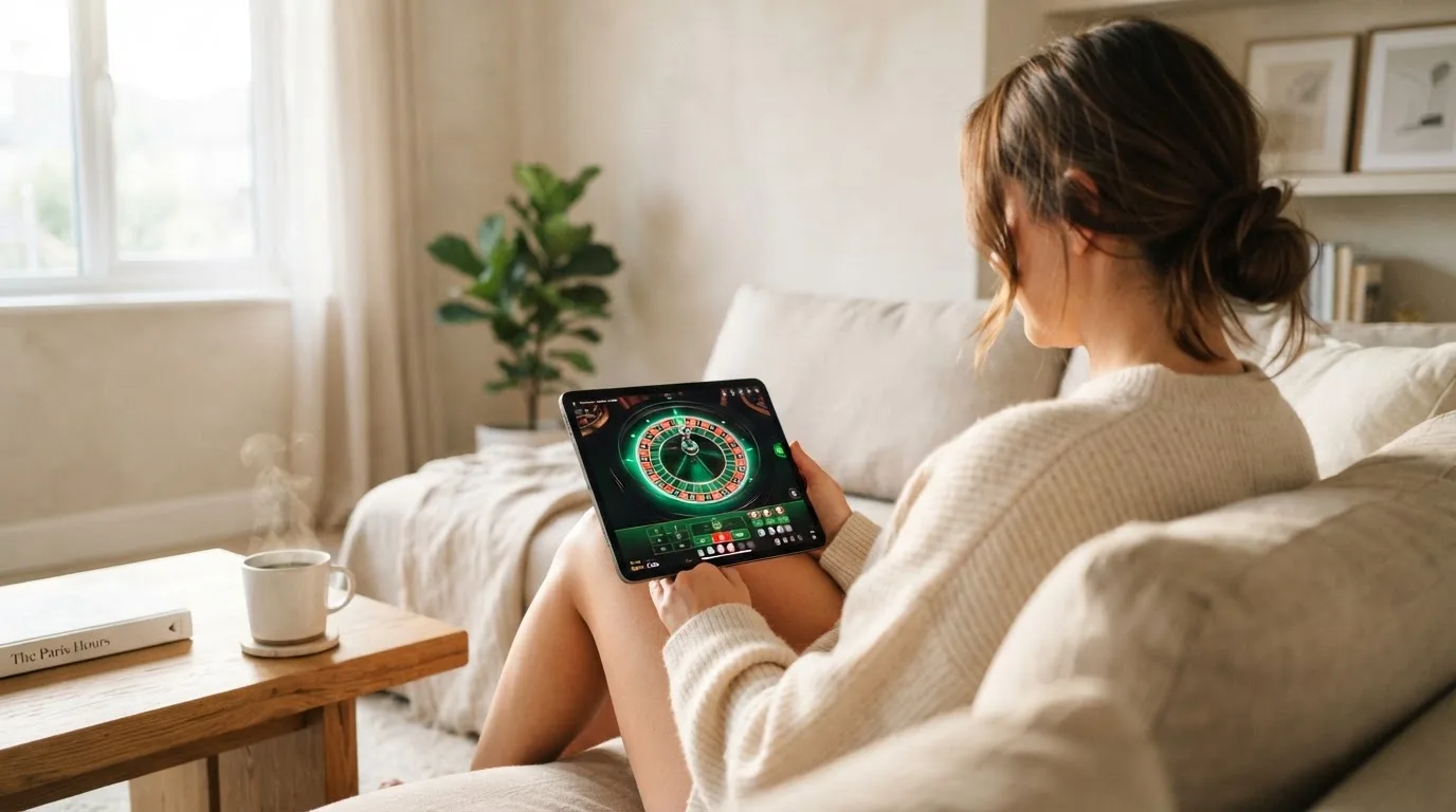 Een vrouw bekijkt ontspannen een tablet op de bank in een lichte woonkamer met een kop koffie op de salontafel.