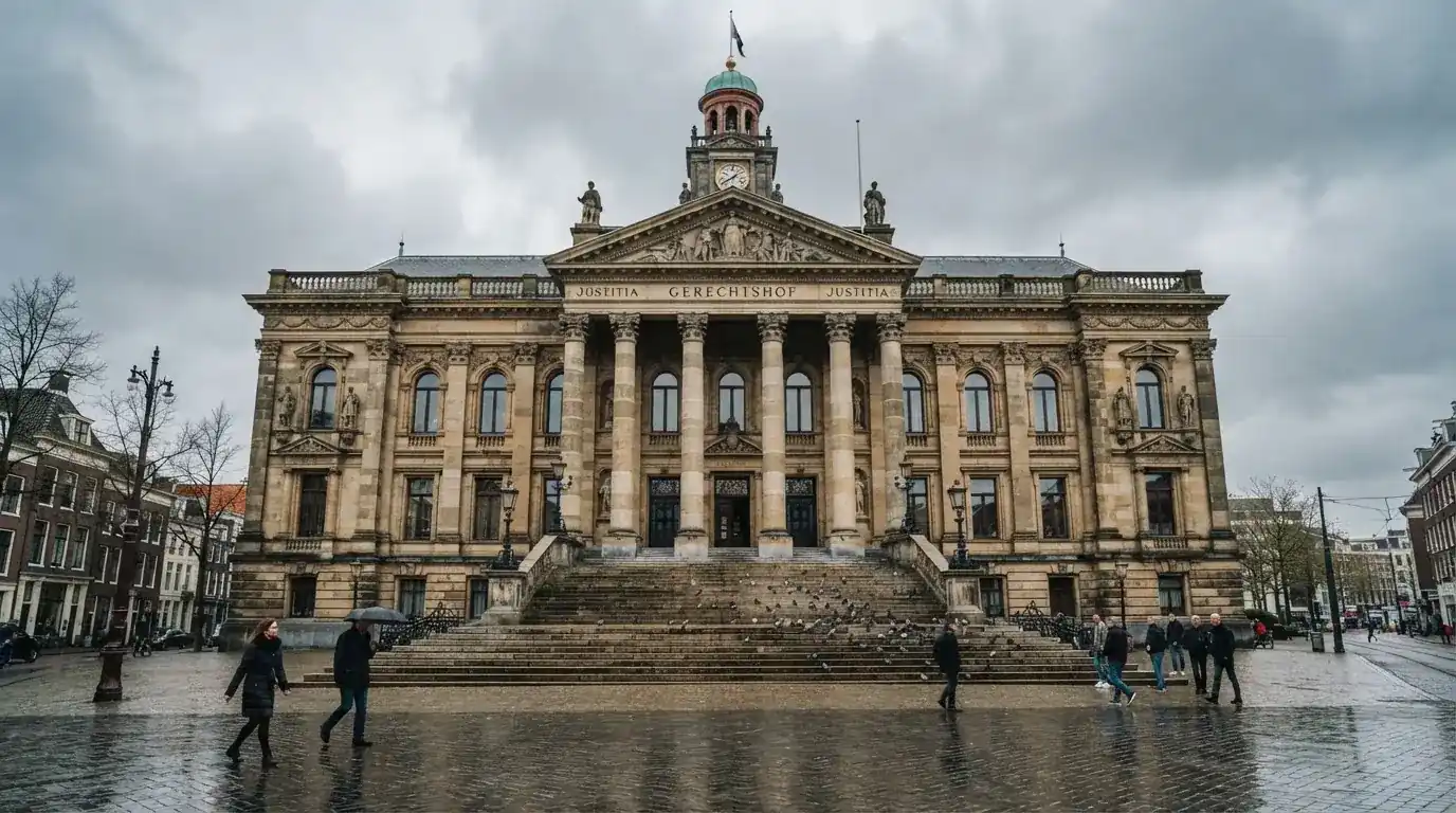 Een klassiek gerechtsgebouw met brede trappen staat onder een bewolkte hemel in een Nederlandse stad.