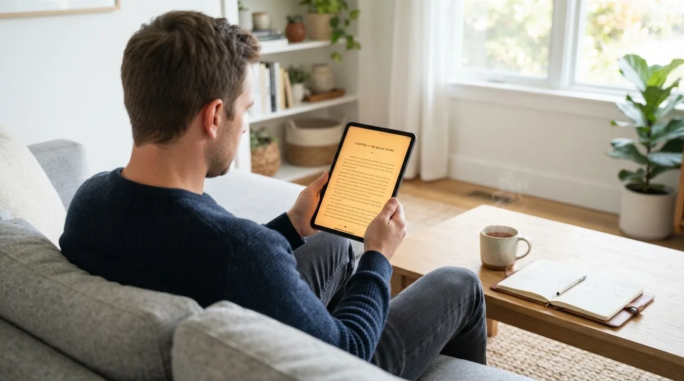 Een man bekijkt ontspannen een tablet op de bank in een lichte woonkamer met een kop thee op de salontafel.