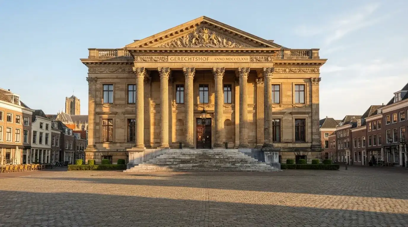Een klassiek gerechtsgebouw met hoge zuilen staat onder een heldere hemel in een Nederlandse stad.