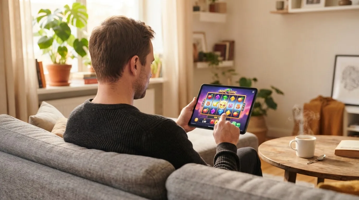 Een man bekijkt ontspannen een tablet op de bank in een lichte woonkamer met een kop koffie op de salontafel.
