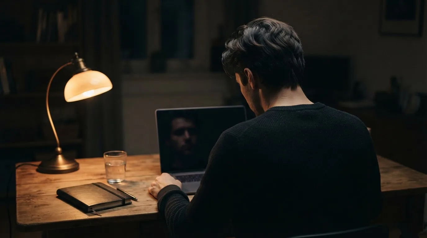 Een persoon zit alleen aan een bureau en kijkt peinzend naar een laptop met het scherm uit, in gedimd licht.