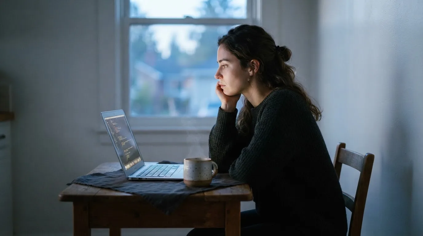 Een persoon zit alleen aan een keukentafel en kijkt peinzend naar een laptop, met een kop koffie ernaast in het vroege ochtendlicht.