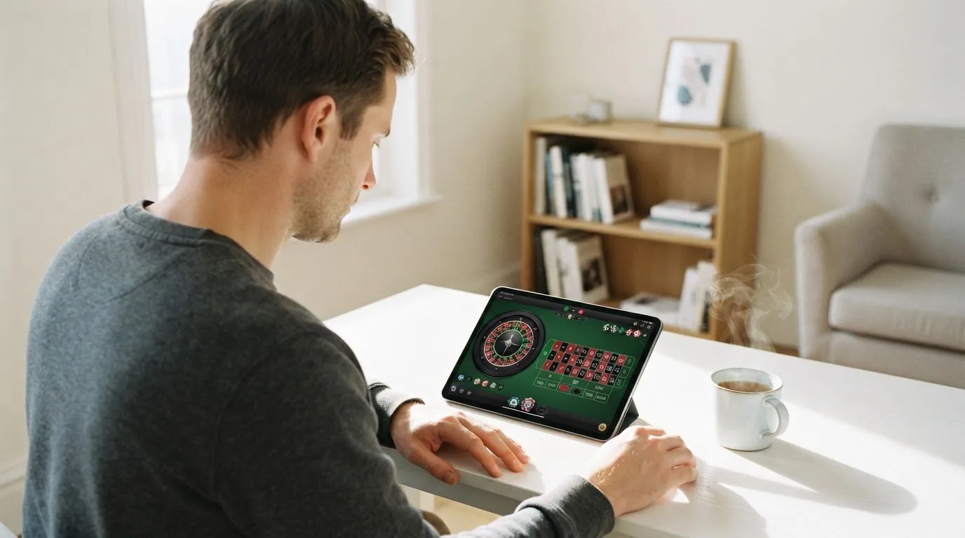 Een man zit aan een bureau in een lichte woonkamer en kijkt naar het scherm van een tablet die naast een kop thee ligt.