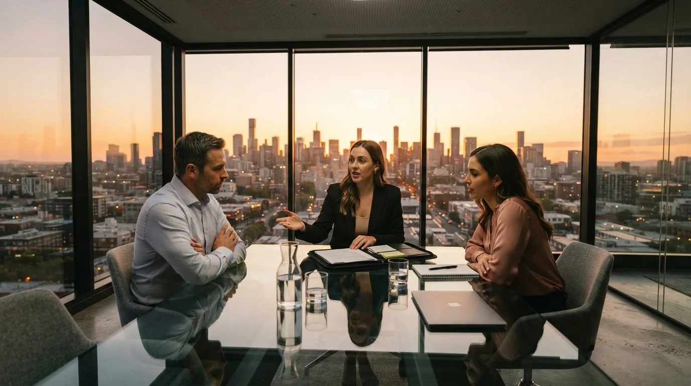 Een klein team overlegt rond een tafel in een glazen vergaderruimte met uitzicht op een stedelijke skyline bij zonsondergang.