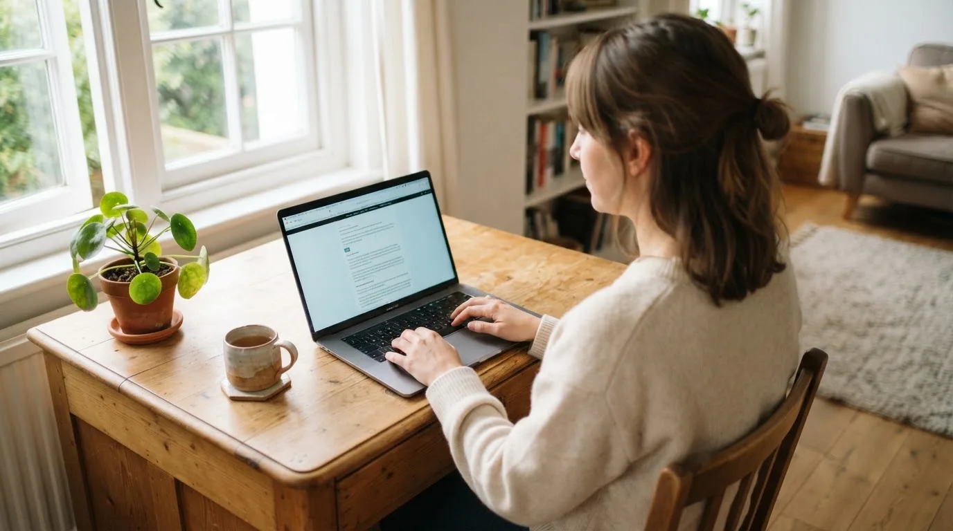 Een vrouw zit aan een houten bureau en bekijkt rustig het scherm van een laptop in een lichte woonkamer.