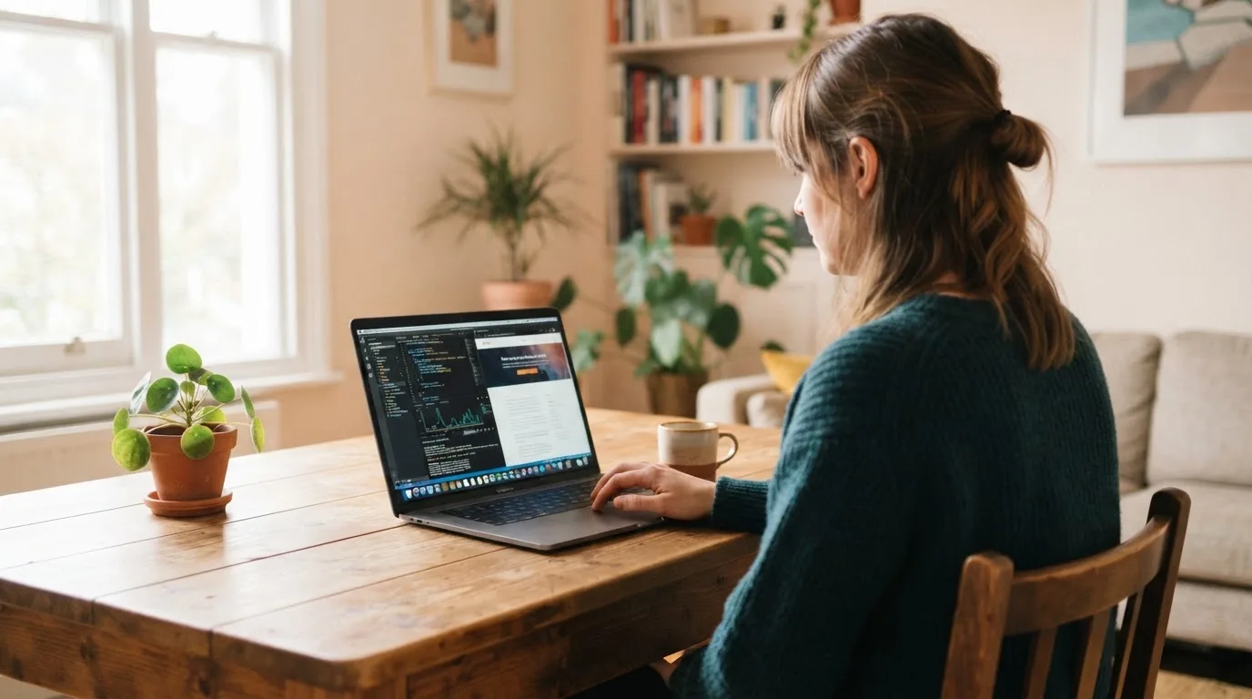 Een vrouw zit aan een houten bureau en bekijkt rustig het scherm van een laptop in een lichte woonkamer.