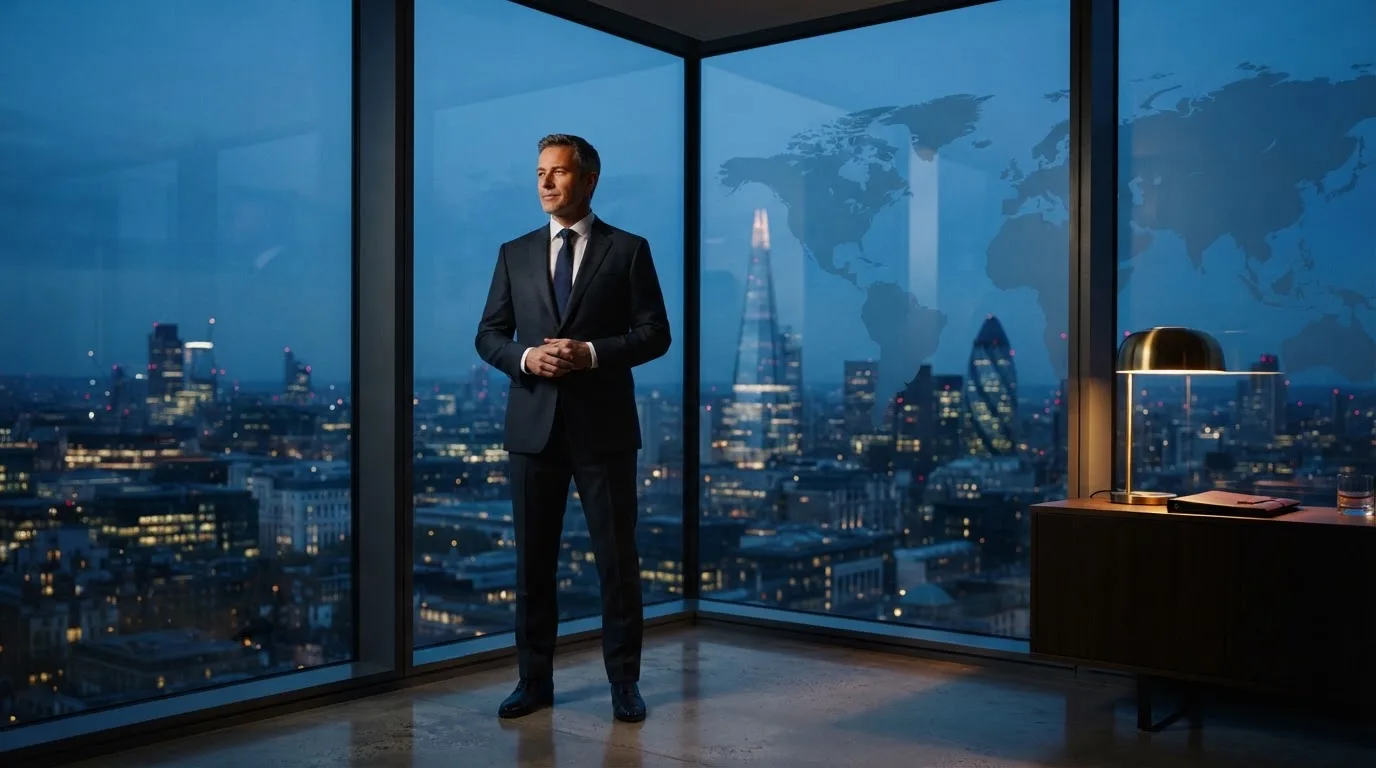 Een jurist in kostuum staat voor een grote glazen wand met een wereldkaart in een modern kantoor tijdens de avondschemering.
