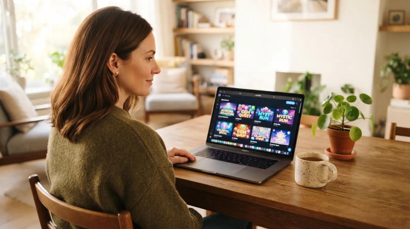 Een vrouw zit aan een houten bureau en bekijkt rustig het scherm van een laptop in een lichte woonkamer.