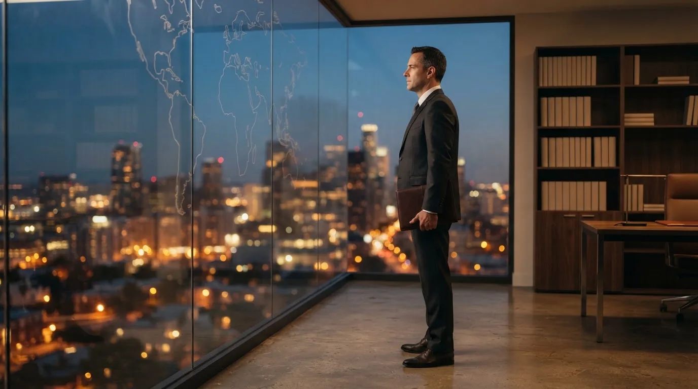 Een jurist in kostuum staat voor een grote glazen wand met een wereldkaart in een modern kantoor tijdens de avondschemering.
