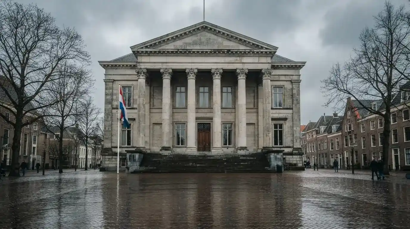 Een statig gerechtsgebouw met zuilen staat onder een bewolkte lucht in een Nederlandse stad.