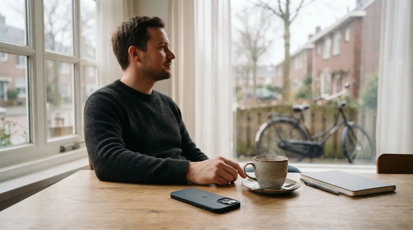 Een man legt zijn telefoon rustig weg en kijkt uit het raam met een kop koffie op tafel.