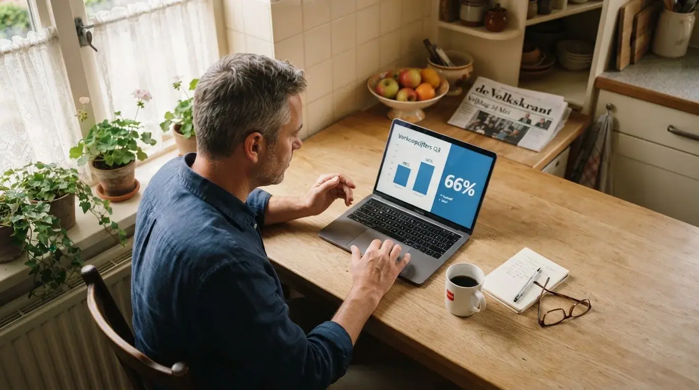 Een man zit thuis aan tafel met een kop koffie en bekijkt rustig zijn laptop.