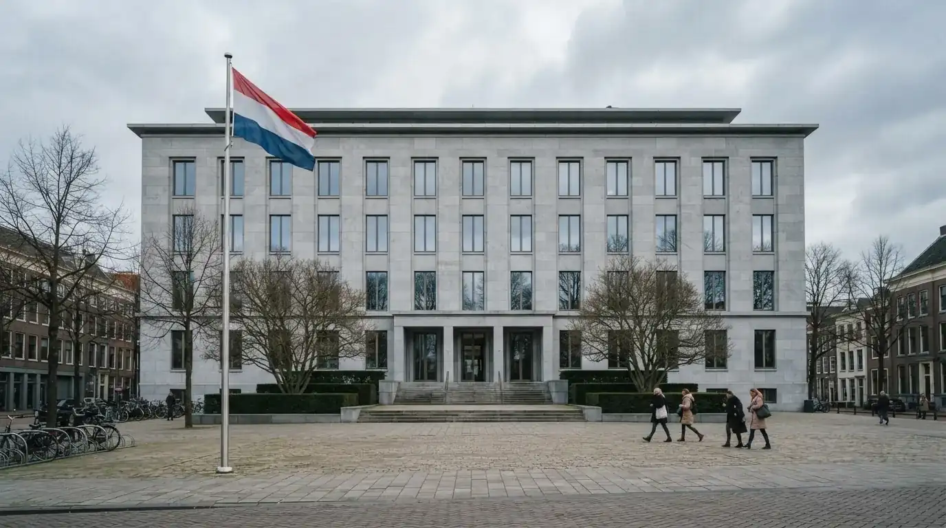 Een statig kantoorgebouw met een Nederlandse vlag ervoor onder een bewolkte hemel.