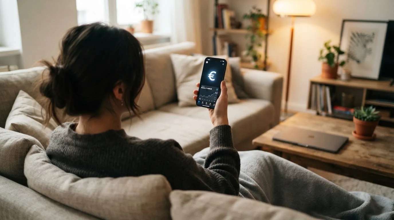 Een jonge vrouw zit ontspannen op de bank met een smartphone in haar hand, terwijl een laptop met onscherp scherm op de salontafel staat.