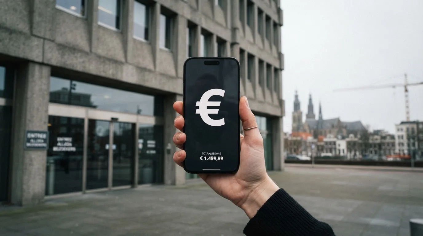Een close-up van een hand die een smartphone vasthoudt buiten voor een grijs kantoorgebouw, met een wazige skyline van een Nederlandse stad op de achtergrond.