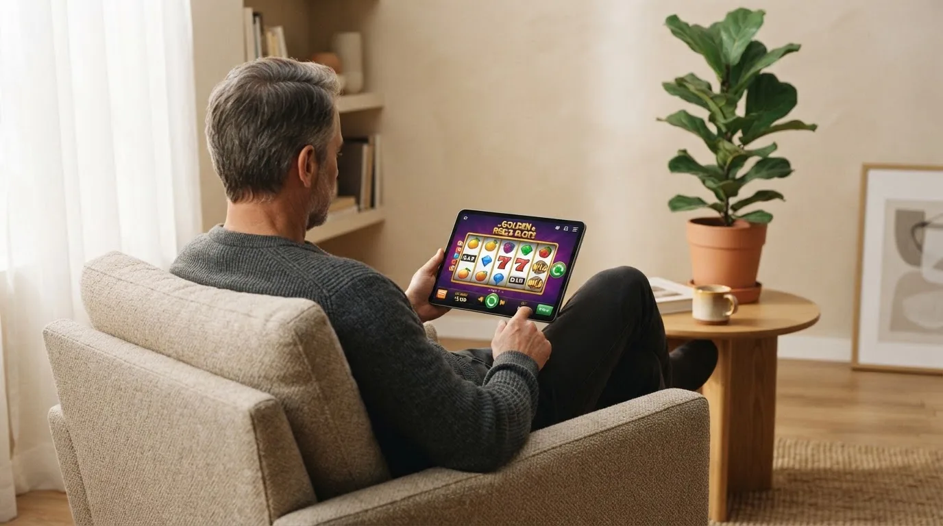 Een man leunt achterover op een stoel met een tablet op schoot, in een lichte woonkamer met planten op de achtergrond.