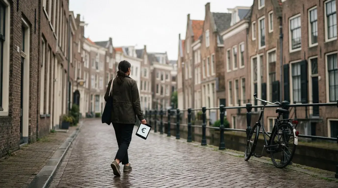 Een persoon loopt met een telefoon in de hand langs een grachtenpand in een Nederlandse stad, met wazige gevels op de achtergrond.