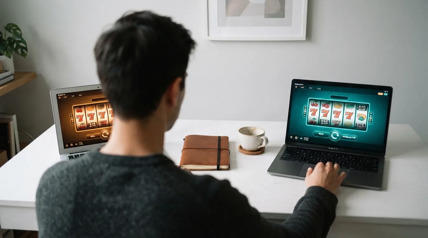 Persoon vergelijkt aan een bureau met twee wazig verlichte schermen, omringd door een notitieboek en een kopje koffie.