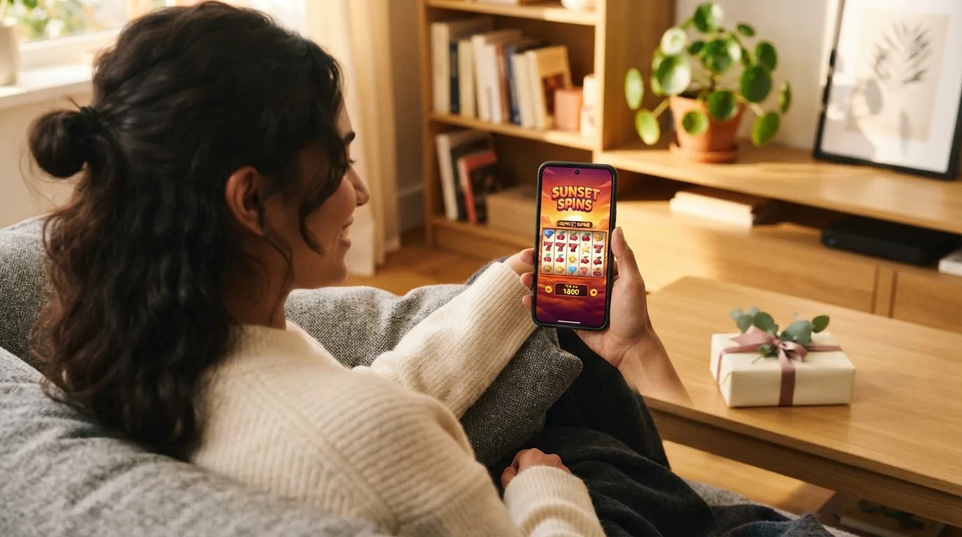 Vrolijke persoon zit op een bank met een smartphone in de hand en een klein cadeaudoosje ernaast op de salontafel.