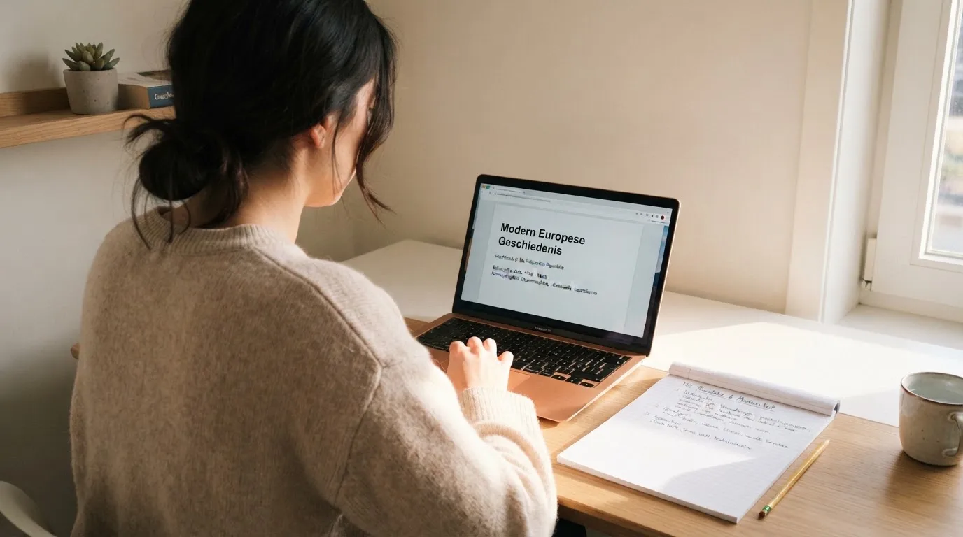 Een persoon zit aan een bureau thuis met een laptop en een notitieblok in daglicht.