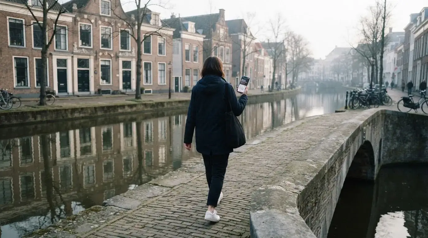 Een volwassene loopt over een brug in een Nederlandse stad met een telefoon in de hand.