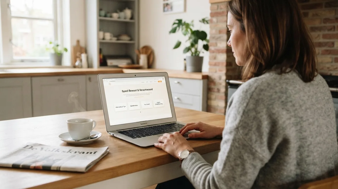 Een vrouw bekijkt rustig op haar laptop de opties voor online spelen aan de keukentafel, met een kopje koffie ernaast.