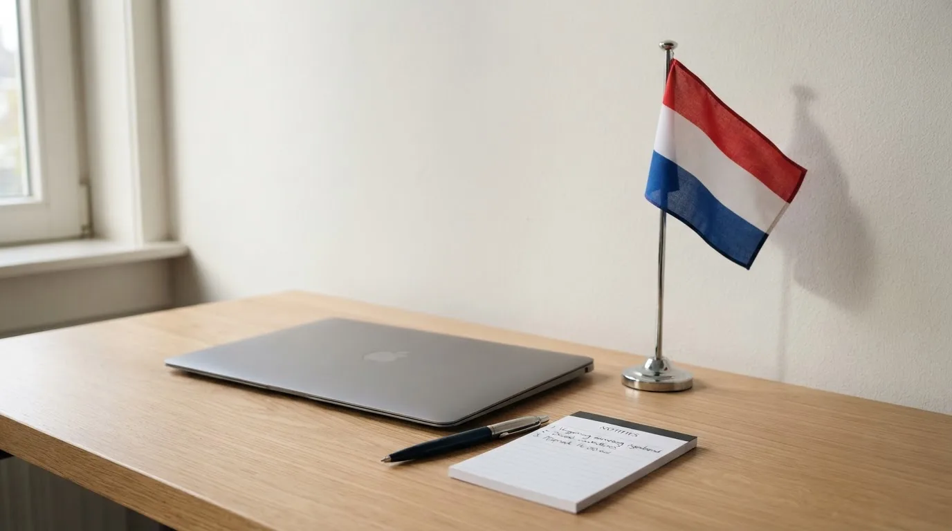 Een bureau met een Nederlandse vlag op een standaard naast een gesloten laptop, symbool voor regelgeving en toezicht op kansspelen.