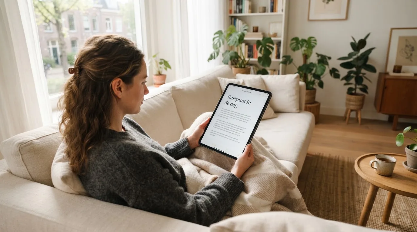 Iemand bekijkt ontspannen een tablet op de bank in een lichte woonkamer, met een plaid over de knieën.