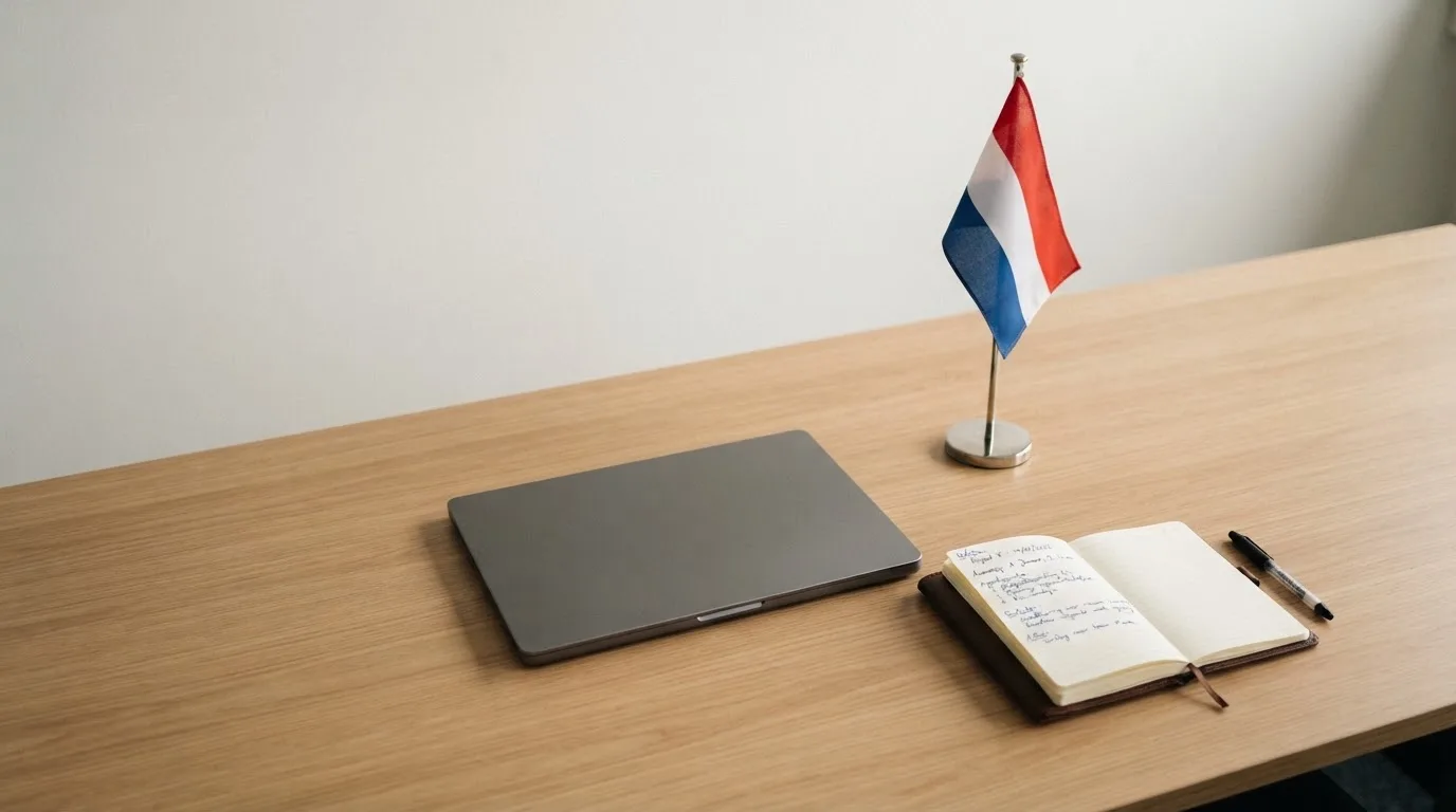 Een kantoorbureau met een Nederlandse vlag op een voetstuk naast een dichte laptop.