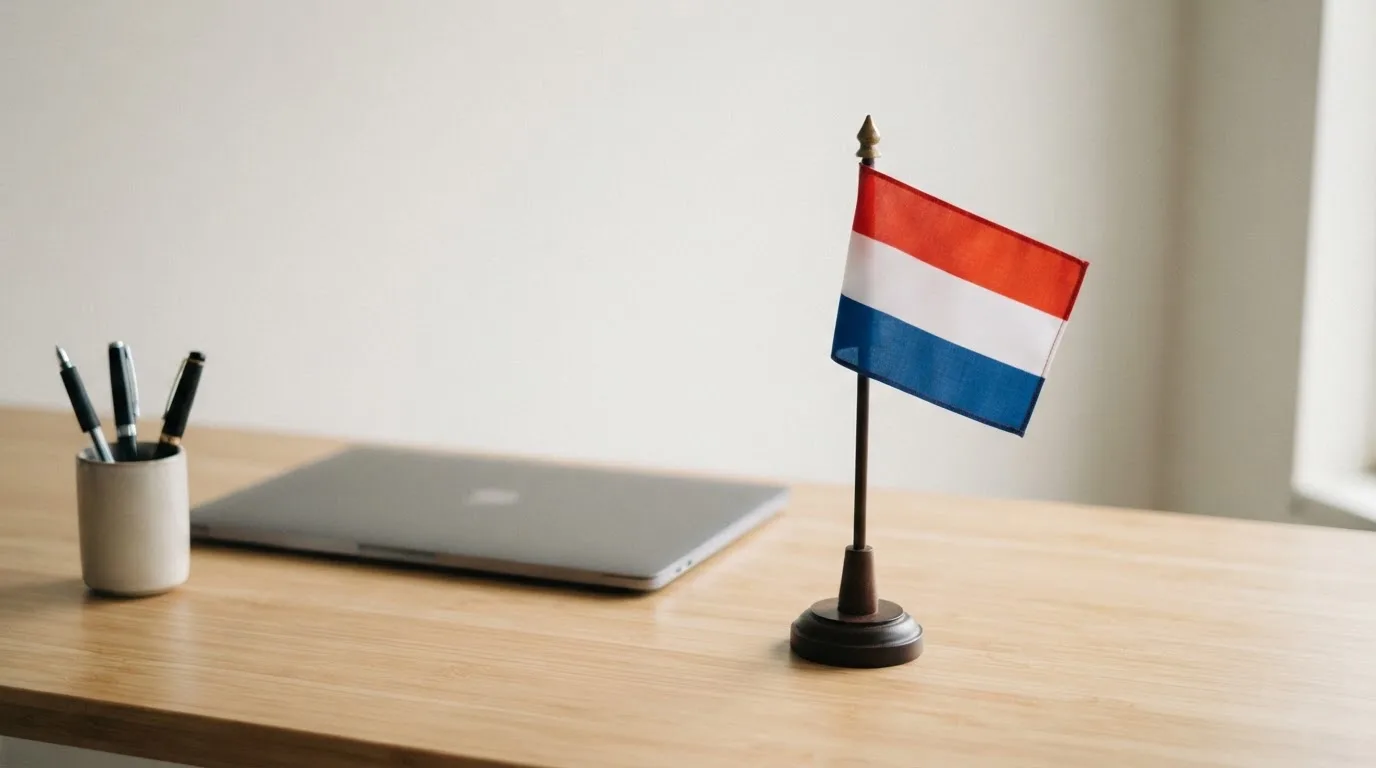 Een kantoorbureau met een Nederlandse vlag op een voetstuk naast een gesloten laptop.
